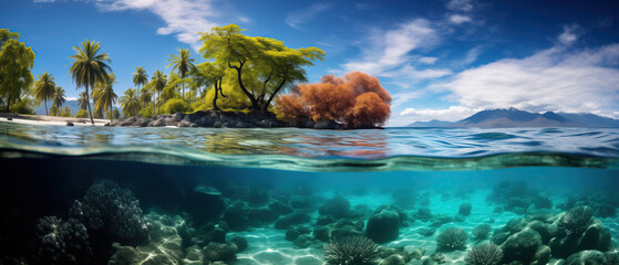 Submerged paradise: a lush tropical island beneath the waves. A stunning underwater view reveals a tropical island teeming with vibrant corals and lush trees, creating a underwater paradise