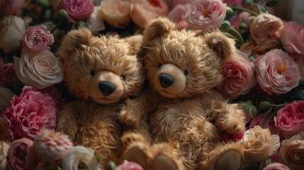   Two brown  bears sit side by side on a bed of pink and white blooms One bear gazes at the camera