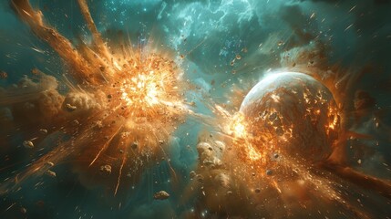  A colossal gas-and-debris explosion in space, featuring a nearby planet - obrazy, fototapety, plakaty