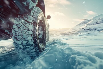Winter tires in action on a snowy mountain road during a bright sunny day - obrazy, fototapety, plakaty
