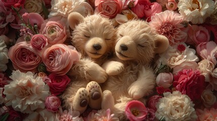   A couple of  bears rest atop a mound of pink and white blooms, nestled among roses