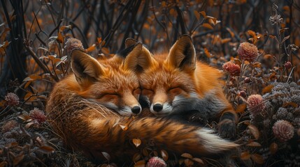 Obraz premium A pair of foxes recline together on a wildflower field, their eyes closed
