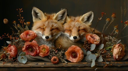   A couple of foxes resting on a wooden table, flowers atop it