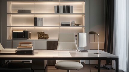 Modern Workspace Contemporary Home Office with Product Display in Soft Light