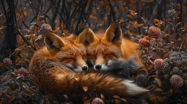   A pair of foxes recline together on a wildflower field, their eyes closed