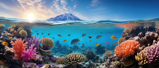 Depths of the sea, peaks of the sky. A vibrant coral reef thrives in the clear blue waters, with a majestic mountain rising in the background under the sky - obrazy, fototapety, plakaty