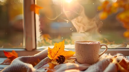 Autumn leaves and a cup of hot chocolate on a window sill - obrazy, fototapety, plakaty