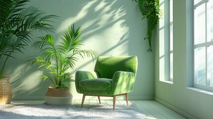Fototapeta na wymiar green armchair with plant decoration 