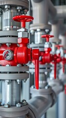 A series of red,S podium gas Devices, silver and gray metal pipes with bright red levers on the side This is an industrial style design that emphasizes technology and safety in home gas systems The fo