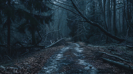 Creepy dark forest at night scary black fallen trees 