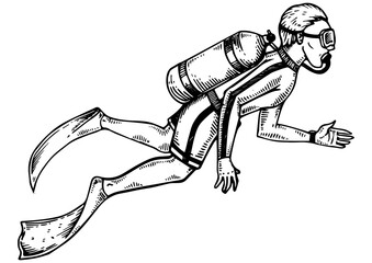Scuba diver engraving PNG illustration. Scratch board style imitation. Black and white hand drawn image.