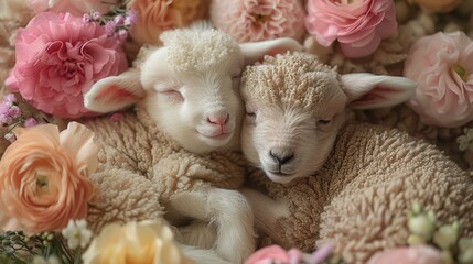   A couple of sheep rest next to each other atop a mound of pink and white blossoms, surrounded by a flower bed