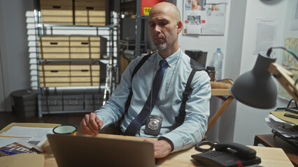 Bald man with beard, wearing a badge, works diligently at his desk in a police station office.