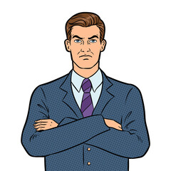 Angry serious boss businessman pop art retro PNG illustration. Isolated image on white background. Comic book style imitation. - 785321955