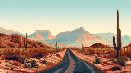 Scenic desert landscape brown background with desert road, cactus, and majestic mountains
 - obrazy, fototapety, plakaty