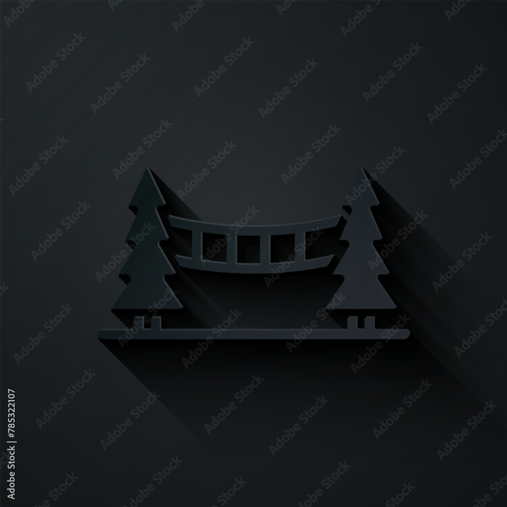 Sticker Paper cut Capilano Suspension Bridge in Vancouver, Canada icon isolated on black background. Paper art style. Vector