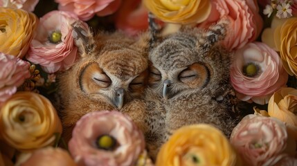   A pair of owls rests atop a mound of pink and yellow blooms, surrounded by a bed of these same flower colors