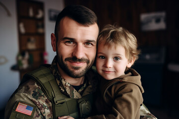 Fototapeta premium AI generated image of happy soldier spending time with family hugging child