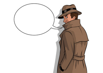 Spy in raincoat and hat pop art retro PNG illustration. Text bubble. Comic book style imitation.