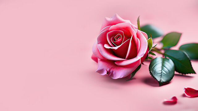 A single pink rose on a pink background.