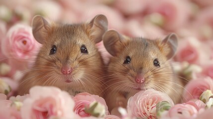   A pair of mice seated together on a bed of pink flowers atop roses