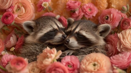   A couple of raccoons rest atop a mound of pink and white blossoms