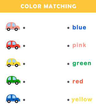 Color matching game for preschool kids. Color Matching Activities for Toddlers. Fun puzzle with cute cartoon cars. Color matching worksheet for children.
