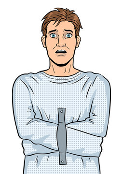 recommend clip art: Man in straitjacket pop art retro PNG illustration. Isolated image on white background. Comic book style imitation.