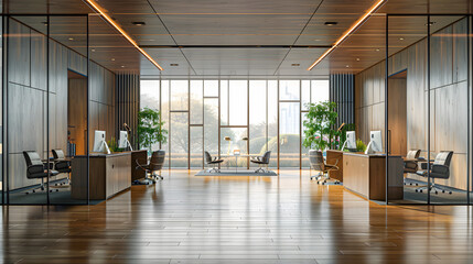 an office with wood desks and glass walls, in the style of high detailed, grey academia, wood,...