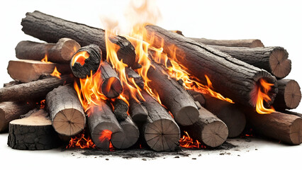 Radiant Flames Campfire Fire and Wood Against White Background generative by ai...