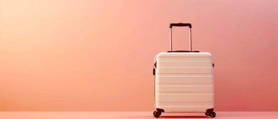 Minimal travel pink mock with suitcase or luggage, shadows effect, copy space. Bags for trip. Vacation leisure concept. Generative ai