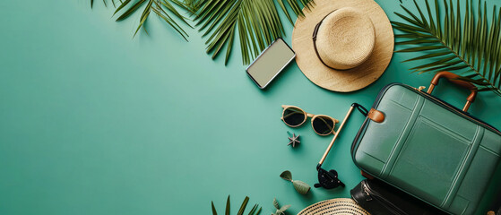 Traveling turquoise flat lay mockup with suitcases, luggages, accessorize for trips. Top view. Vacation, travel, adventure tourism leisure concept. Generative ai