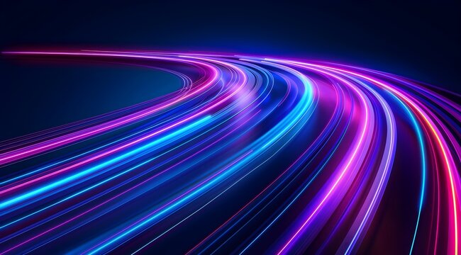 Purple and blue future technology background with lines bending through a dark space. High speed sync.
