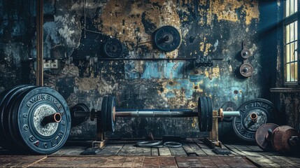 Strength in Motion Fitness Background with Bodybuilding Equipment
 - obrazy, fototapety, plakaty