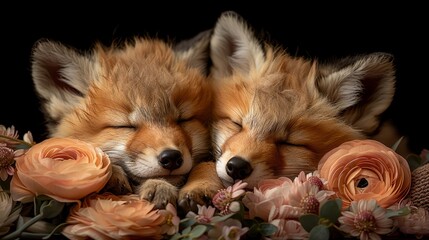   A couple of foxes lying next to each other on a floral mound amidst a bed of flowers