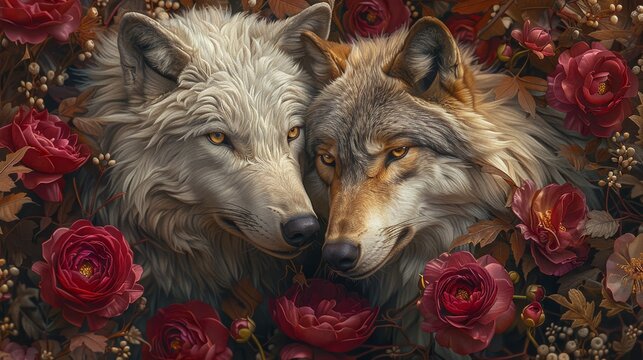   A painting of two white wolves amidst red roses and an array of red, pink, and green flowers and leaves