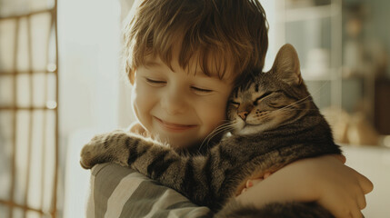 Little happy boy tenderly hugs her cat tightly in a bright spacious living room. Friendship concept between humans and animals