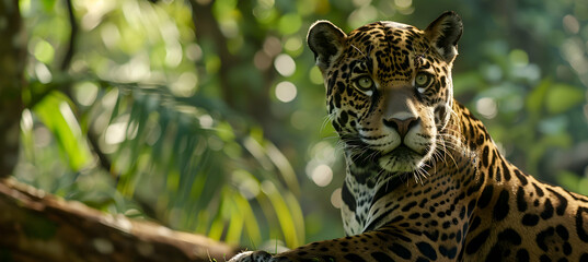 Jaguar: A jaguar shot using a close-up lens, highlighting its fierce gaze against a blurred jungle background with copy space