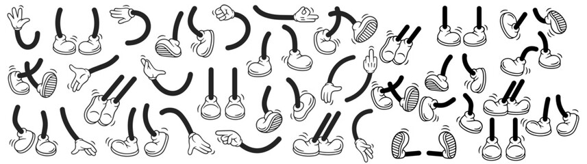 Comic retro feet and hands in different poses. Isolated mascot character elements of 1920 to 1950s.  Vector illustration