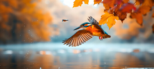 Kingfisher: A colorful kingfisher photographed just as it dives for a fish, using a super-telephoto lens to capture the action in crisp detail, set against a blurred river background with copy space