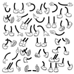 Comic retro feet and hands in different poses. Isolated mascot character elements of 1920 to 1950s.  Vector illustration