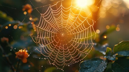 spider web with drops of water in the web in the sun - obrazy, fototapety, plakaty
