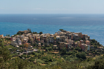 Fototapeta na wymiar high angle view to Corniglia town against sea on sunny summer day
