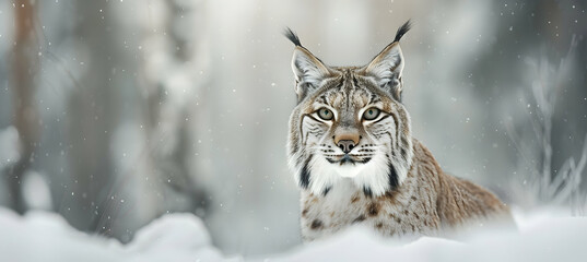 Lynx: A stealthy lynx photographed with a shallow depth of field, focusing on its intense eyes and tufted ears, set against a blurred snowy background with copy space.
