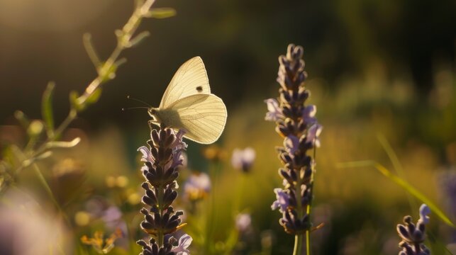 Tranquil Lavender: Macro Shot of Pale Purple Wildflowers and Fluttering Butterflies