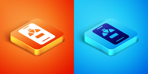 Isometric Lucky wheel on phone icon isolated on orange and blue background. Vector