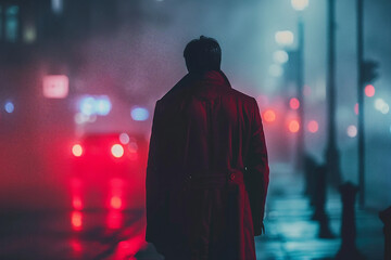 Mysterious man in trench coat and fedora standing under the rain at night generative AI - obrazy, fototapety, plakaty