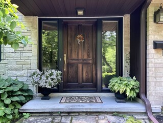 Elegant black door with vibrant plants - A black double door entryway set among stone walls and framed with vibrant green plants
