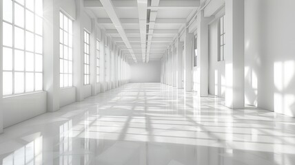 Bright spacious hallway with rows of windows - A bright and expansive interior hallway showcasing impressive rows of tall windows casting sharp shadows on the white walls