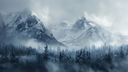 Majestic snowy mountain landscape in winter haze - A breathtaking expansive view of a snowy mountain range surrounded by dense forests and ground blanketed in winter haze, evoking a sense of wonder